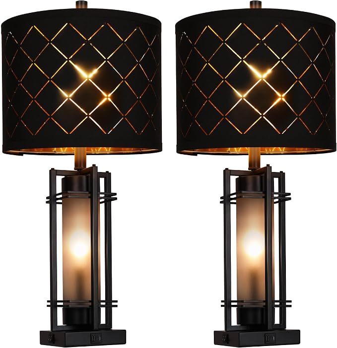 WIHTU 27'' Modern Table Lamp Set of 2 with Nightlight, Metal Bedside Lamps | Black Grid Shade, Square Base, 2 LED Bulbs Included, E26 Base, with USB Port, Rocker Switch, Nightstand Lamps for Bedroom