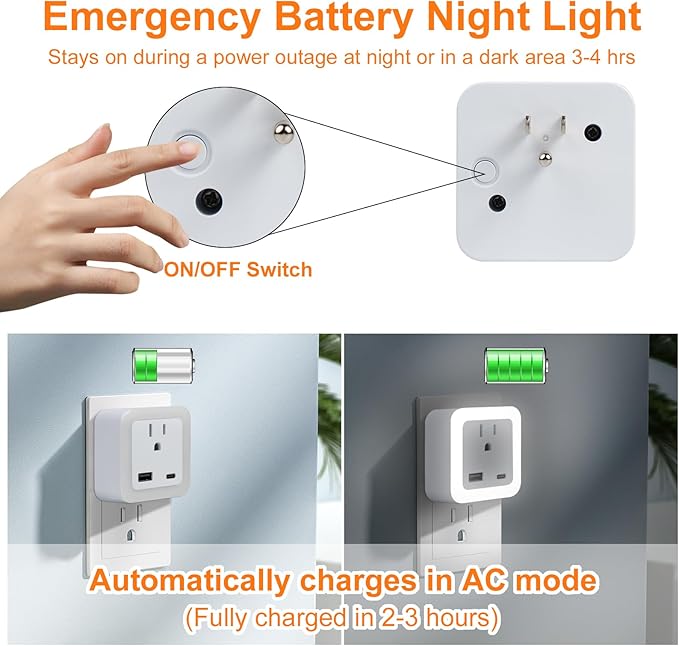 Night Lights Plug Into Wall 2 Pack Rechargeable Battery Backup Light Dusk to Dawn Sensor Night Light with Outlet Expander for Adults Kids Bedroom, Kitchen, and Bathroom (2, cool white, 5000K)