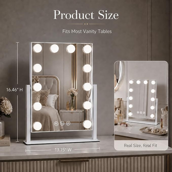 Vanity Mirror with Lights, Dimmable Desk Mirror, 12 Bulbs, 16.4'' x 13.1'' | 3 colors Lighted Makeup Mirror, Touch Control, Detachable 10X Magnification, 360 Rotation, Gift for Wife, Mom, Girls