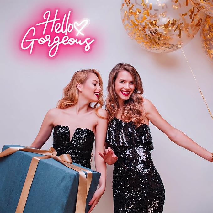Hello Gorgeous Neon Signs for Wall Decor with Heart, Pink Gorgeous LED Sign Lights for Bedroom Dorm Home Salon Wedding Party, Cute Makeup Dressing Beauty Room Decor, Preppy Girls Woman Cave
