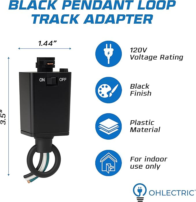 OHLECTRIC Pendant Loop Track Adapter, Black (2-Pack) – 120V – Supports Indoor Dry Locations – Durable Plastic Construction with cETLus Listing