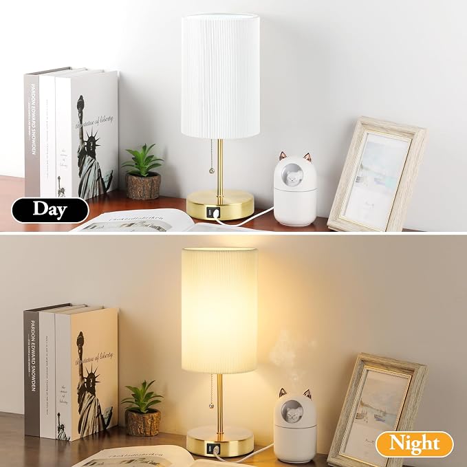 2 Sets Table Lamps with 2 USB, Minimalist Beside Lamps for Bedroom, Nightstand Lamp with Pull Chain, Desk Lamps with White Pleated Shade and Gold Metal Base for Living Room Dorm Reading Hotel