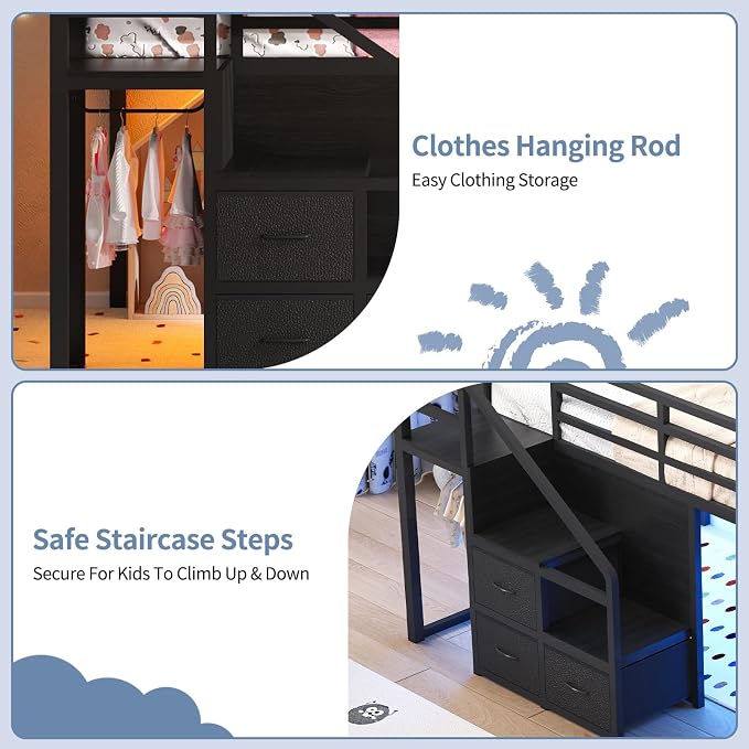 Twin Loft Bed with Desk, RGB Lights & Under Bed Play Fort, Black | 11 Storage Drawers, Clothes Rack, Pockets, Wide Step Stairs, 11.8''H Safety Guardrail, Built-in Charging Station