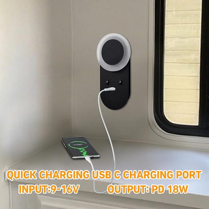 Facon RV Wall Sconce LED Reading Light w/18W USB-C Fast Charger, Dual-Zone Lighting with Independent Switch, 12V Interior Light for RV Camper, Trailer, Motorhome, Tiny Homes