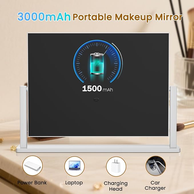 Rechargeable Vanity Mirror with Lights, 3000mAH Battery, 17"×12" LED Makeup Mirror, 10X Magnification, Smart Touch with 3-Color Lighting, 360° Rotation, Lighted Up for Makeup Desk, Bedroom (White)