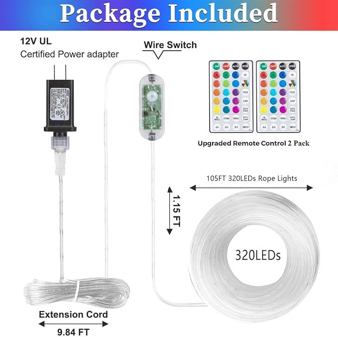 ANJAYLIA 105FT 320 LED Color Changing Rope Lights with Plug and Remote | Led Outdoor Waterproof Rope Light with Color Option, 7 Modes, Timer, Memory, Remote for Bedroom, Deck, and Holiday Decor