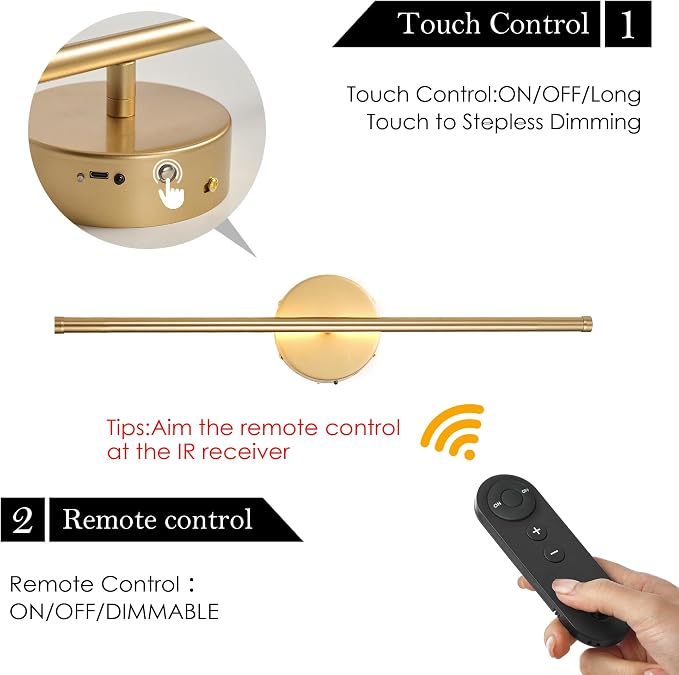 KARTOOSH Battery Operated Wall Sconces Set of Two Wireless Wall Lights | Rechargeable Wall Sconce with Remote 350°Rotate Dimmable 3000K LED Wall Lamp for Living Room, Bedroom