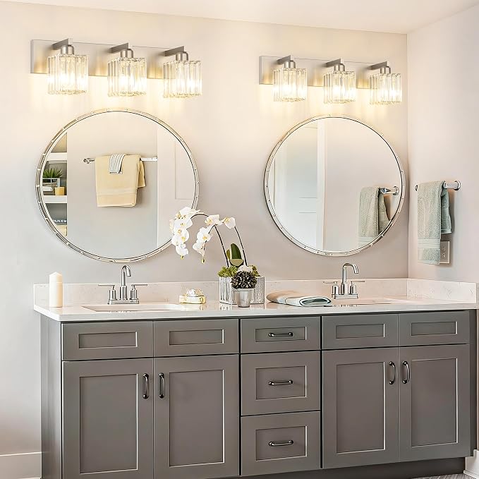 Aipsun Brushed Nickel Vanity Light Bathroom Lighting Fixtures 3 Light Crystal Modern Bathroom Vanity Light (Exclude Bulb)
