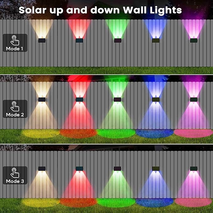 Fence Lights Solar Powered, 2-Pack Solar Fence Lights Up/Down Flexible Buttons, IP67 Waterproof for Outdoor, 100LM Bright, Auto Dusk to Dawn for Wall/Stairs/Yard/Railing/Deck/Pathway (White & RGB)