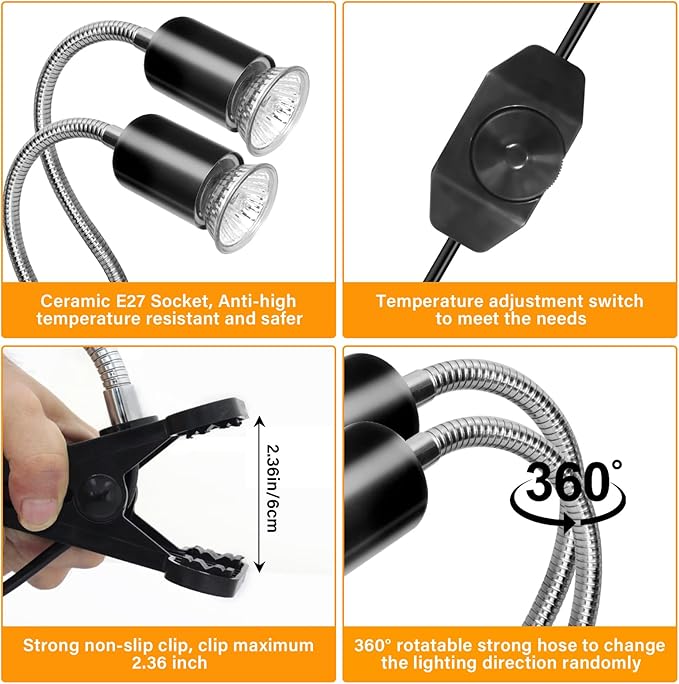 Double-Head Reptile Heat Lamp with (2Pcs 25W+2Pcs 50W) UVA UVB Light Bulb, Basking Spot Light Simulated Sunlight, Dimmable Heating Lamp with 360° Rotatable for Turtle, Lizard, Snake, Beared Dragon