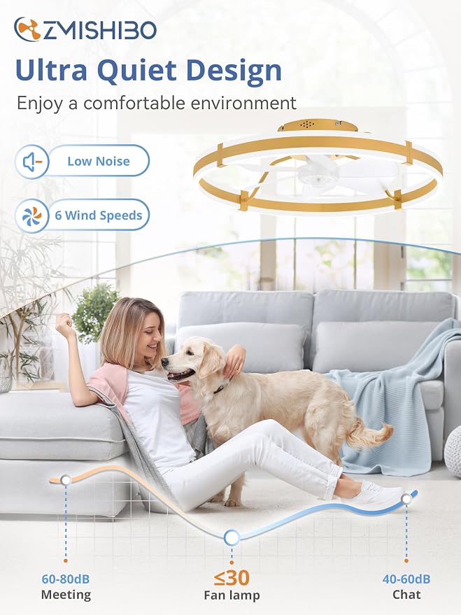 ZMISHIBO Low Profile 24'' Ceiling Fans with Lights and Remote, Gold | 3000-6000K Dimmable LED Fandelier, Quiet DC Motor, Reversible Airflow, 6 Wind Speeds, Timer, Bedroom, Living Room, Kitchen