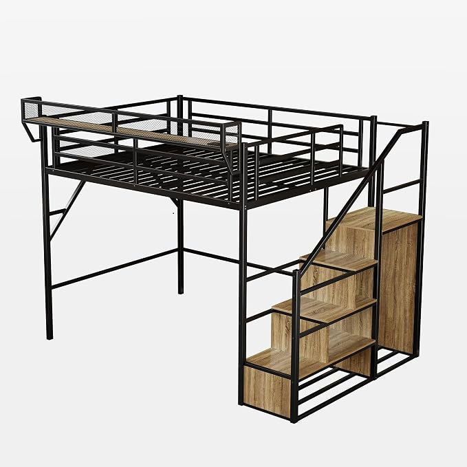 Queen Size Metal Loft Bed with Storage Shelf Built-in USB Port | Heavy Duty Loft Bed with Storage Stairs & Wardrobe+ LED Lights, Large Under-Bed Area, Noise Free, No Box Spring Needed