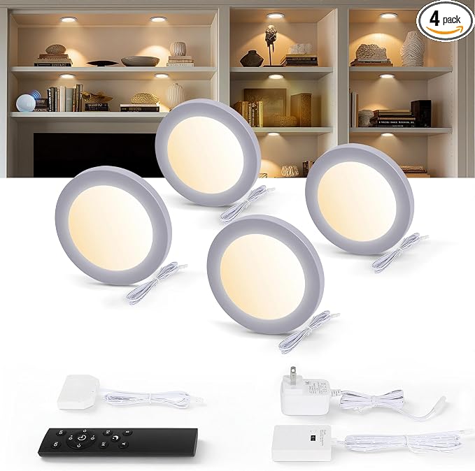 V4light LED Puck Lights, Smart Under Cabinet Lighting with Remote, 4 Pack | Dimmable 2700K-6500K, Alexa Voice Control, Plug-In Wired, Adhesive Mount, For Kitchen Counter Closet Shelf Display Case