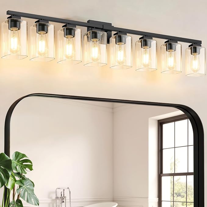 51” Bathroom Light Fixtures Over Mirror,8-Light Black Vanity Light | Large Size, Square Clear Glass & Durable Metal, Quick & Easy Installation, Standard E26 Socket, Bright Bathroom Lighting