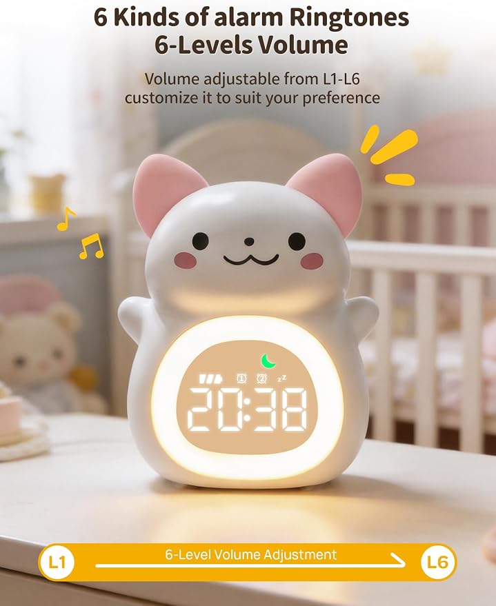MASHI Cat Kids Alarm Clock with Time to Wake Sleep Trainer White Noise | Sun & moon wake cues, 7-color night light,Snooze， dual alarms and 6 soothing sounds help kids build healthy sleep habits