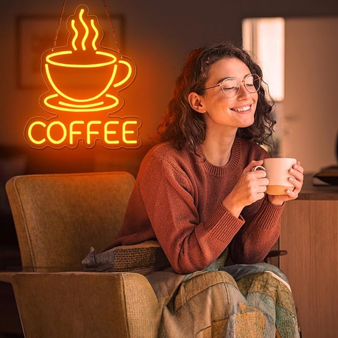Coffee Neon Sign for Wall Decor Dimmable Modern Led Sign for Cafe Shop, USB Powered Coffee Cup Neon Signs Light Up for Cafe Station Accessories Art Decor Party Decorations(15.7 * 12.8inches)