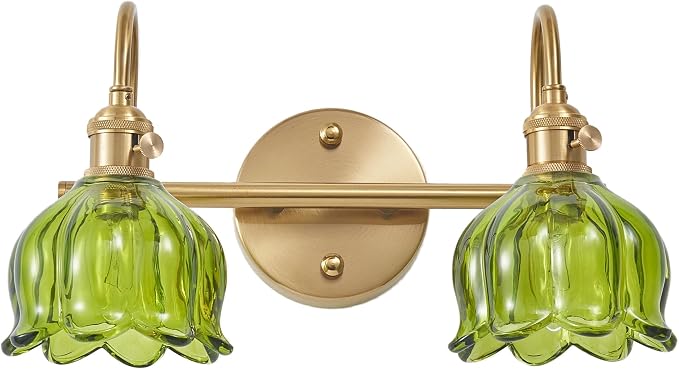 2-Light Vintage Bathroom Light Fixtures, 14.5" Hardwired Vanity Lights with Green Tulip Glass Shades, Brushed Gold Antique Wall Lights for Mirror Restroom Bedroom Living Room(Bulbs Not Included)
