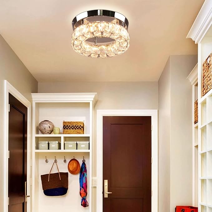 9.8" Modern Mini LED Chandelier Crystal Ceiling Light Flush Mount Light Fixture Ceiling Mount for Hallway Foyer Kitchen Closet (Warm White)
