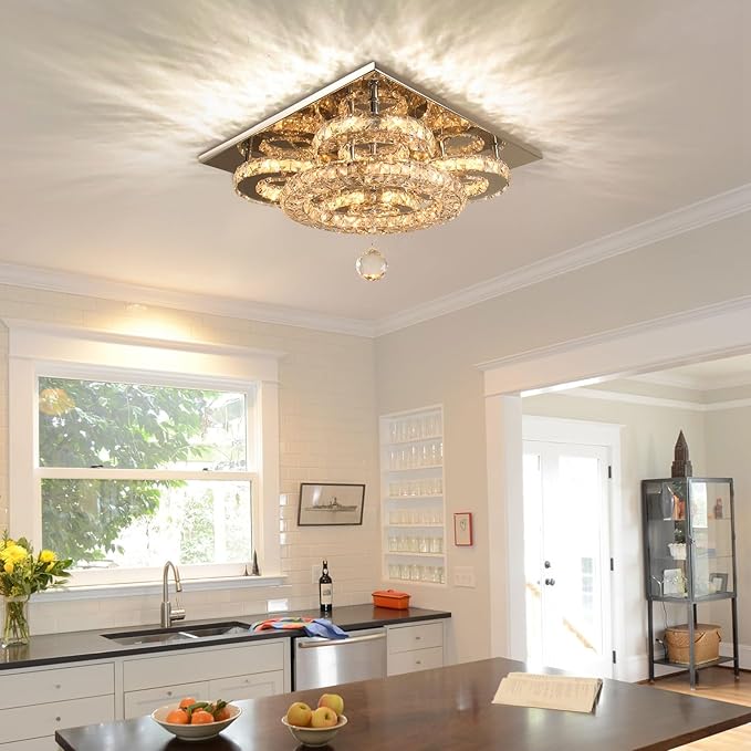 Modern Crystal Chandelier Five Rings LED Crystal Ceiling Light Flush Mount Stainless Steel Pendant Ceiling Lamp for Living Room Bedroom Restaurant Porch Dining Room (Dimmable)