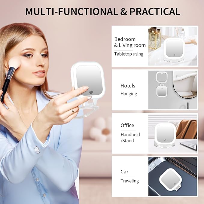 FUNTOUCH Rechargeable Travel Makeup Mirror, 20X/1X Magnifying Double Sided Makeup Mirror, Lighted Portable Vanity Mirror,3 Colors Lighting & Stepless Dimming,with Tweezers & Bag,Gift for Women,White