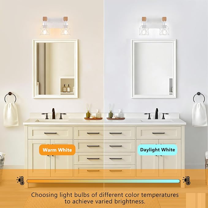 FadimiKoo 2-Light White Bathroom Light Fixtures, Wood Bathroom Vanity Lighting Fixtures Over Mirror, Rustic Sconces Wall Lighting with Elegant Metal Lampshade for Living Room, Bedroom, Hallway