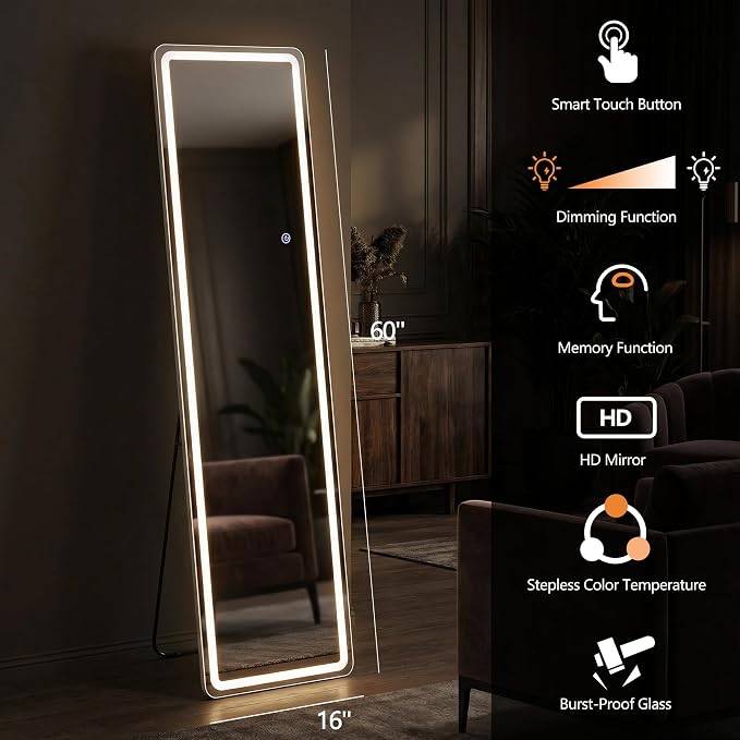 60"x16" LED Full Length Mirror with Lights - Full Body Floor Mirror, Dimmable with 3 Color Temperature, Memory Function, Standing Leaning Wall Mounted Vanity Mirror for Bedroom Cloakroom