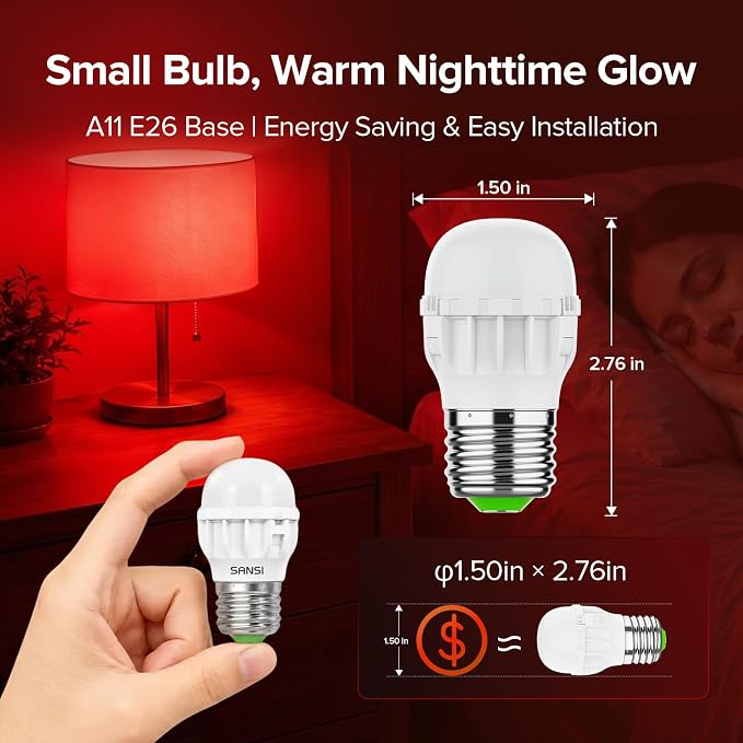 SANSI 670nm Red Light Bulbs for Sleep, Zero Blue Light Bulb for Melatonin Promoting, 5W 80 Lumen A11 E26 LED Dim Red Night Light Bulb for Small Bedroom, Baby Nursery, 3 Pack