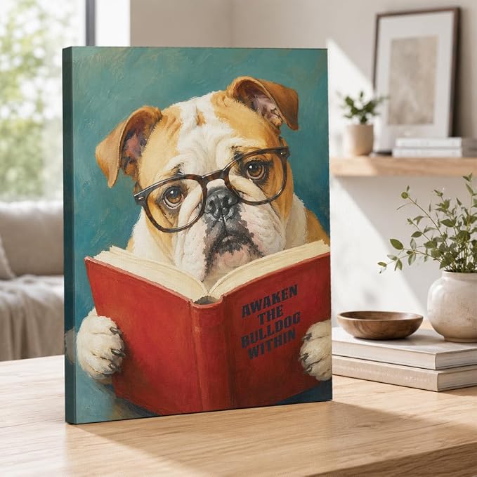 NSFBESSLIA Funny Reading Bulldog Painting, Whimsical Pet Animal Decor, Awaken The Bulldog Within, Vintage Wall Art for Living Room Bedroom Entryway, 8x10 Inch