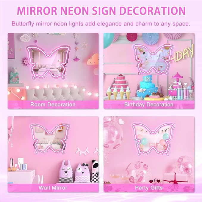 Butterfly Neon Sign Mirror, LED Neon Sign for Wall Decor, 15.7'' x 12'' Dimmable Neon Light for Teen Girls & Kids Birthday Party Gift, Neon Signs for Girl Room Decor, Wall Mirror, USB Powered (Pink)