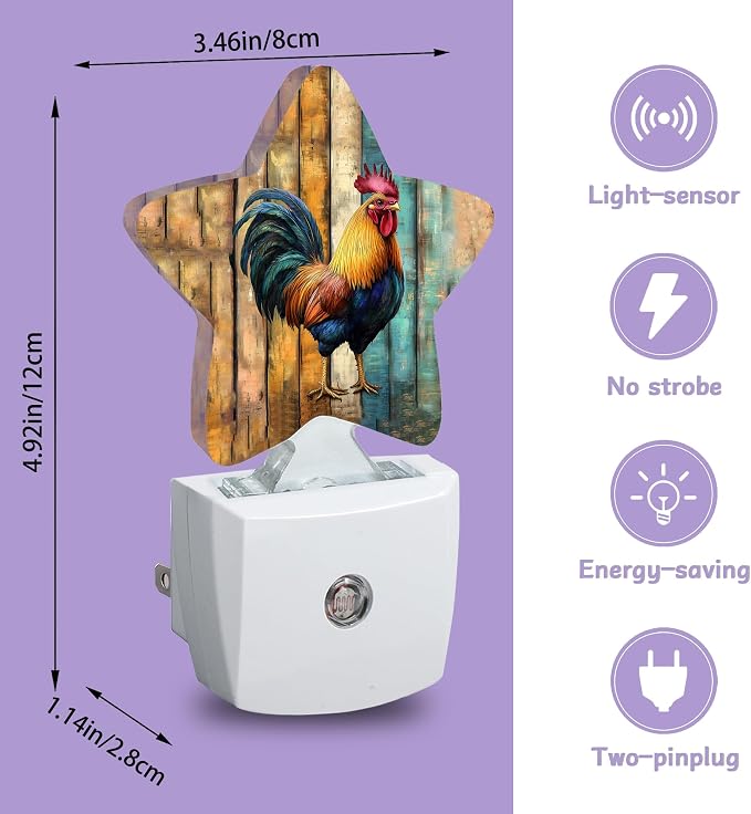 Chicken Rooster Nightlights Plug in Wall,Wooden Board Decorative Star Lamp with Automatic Lighting for Living Space,Gentle Glow for Kids Room,Hallway,Bathroom
