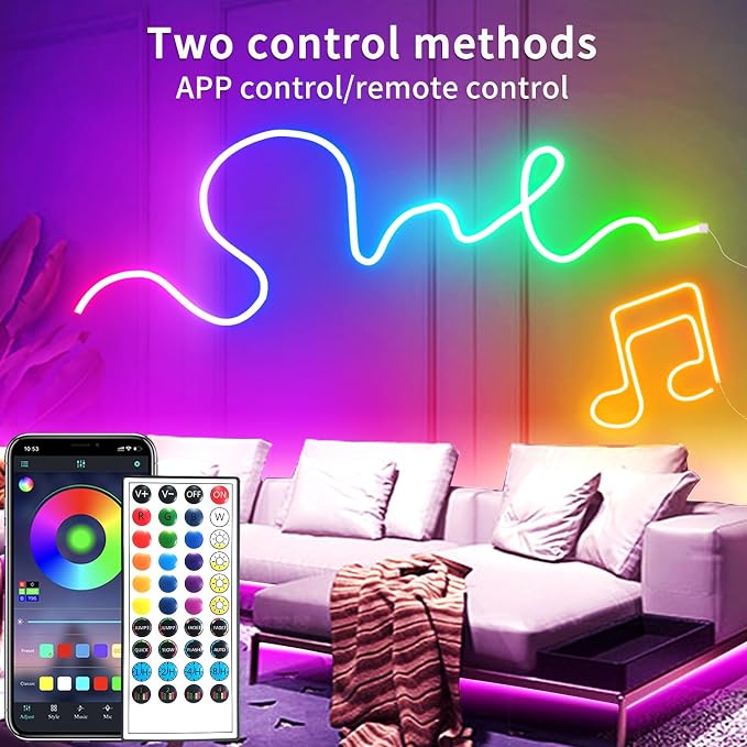 65.6FT LED Neon Rope Lights,24V RGB LED Neon Lights with Remote/APP Control,IP65 Waterproof Flexible Neon LED Strip Lights for Bedroom Room DIY Decoration（with Snap &Screws） | IP65 Waterproof Flexible RGB LED Neon Rope Lights for Bedroom Room DIY Decor...