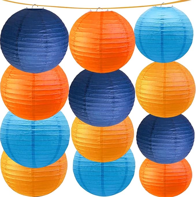 Orange and Blue Paper Lanterns 12Pcs Hanging Lantern for Birthday Party, Wedding, Home Decor, Baby Shower Festive Decoration