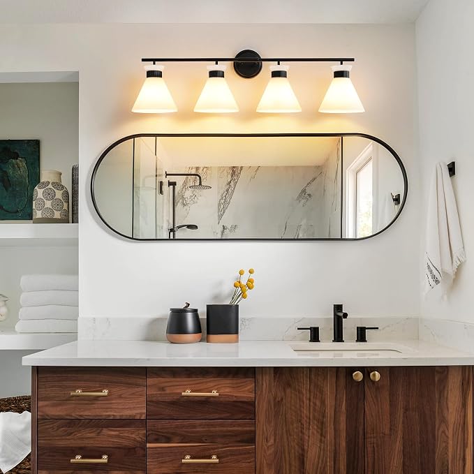 Black Bathroom Vanity Light Fixtures: Bathroom Lighting Fixtures over Mirror 36 inch with Milky White Frosted Glass, 4 Bulbs Farmhouse Vintage Vanity Lighting Bathroom Wall Light(Exclude Bulb)