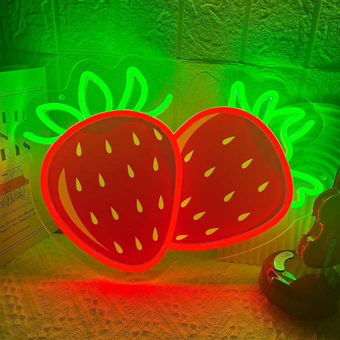 Strawberry Neon Sign for Wall Decor, Dimmable Printing Strawberries Fruits Neon Lights, Vibrant Fruit Themed Neons LED Signs for Kids Room, Bedroom, Restaurant, Bar, Club, Fruit Shop, Birthday Party