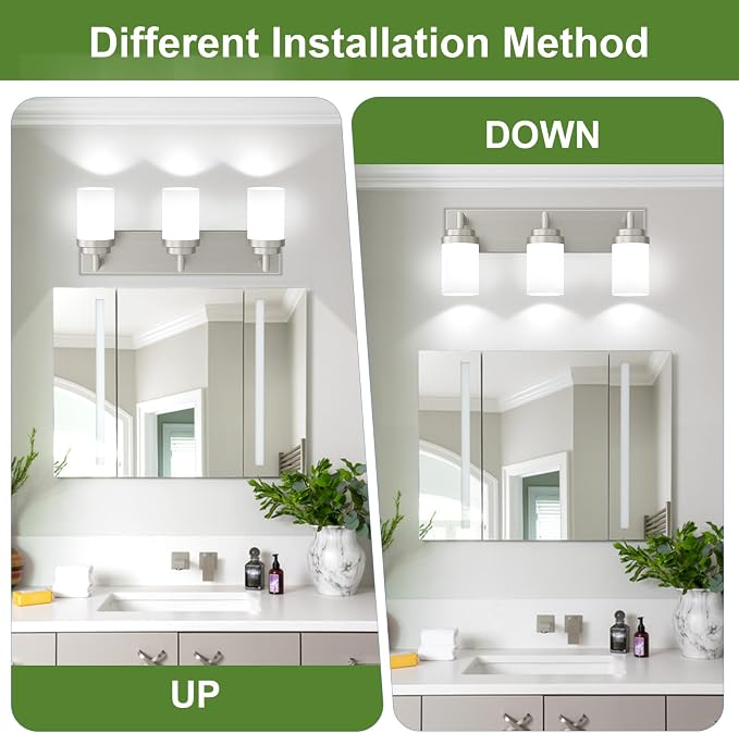 Bathroom Light Fixtures, Brushed Nickel Bathroom Lighting Fixtures Over Mirror, Modern Vanity Light with White Glass Shade, Restroom Lighting Fixtures, 3-Light 22-inch