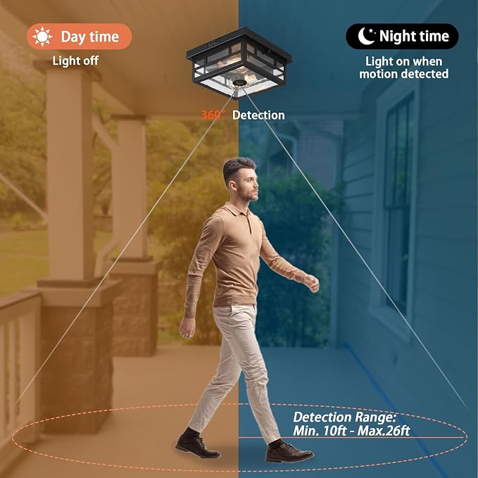 CALOKES Outdoor Flush Mount Motion Sensor Ceiling Light - Timeless Industrial Design with Seeded Clear Glass for Your Porch, Driveway, Covered Patio, Farmhouse, and Entryway