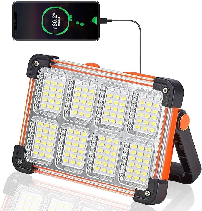 120W Solar Rechargeable Work Light, 144 LED 10000LM Portable Flood Light with Stand, IP66 Waterproof 4 Modes LED Job Site for Mechanic Camping Fishing Car Repair (Orange 1 Pack)