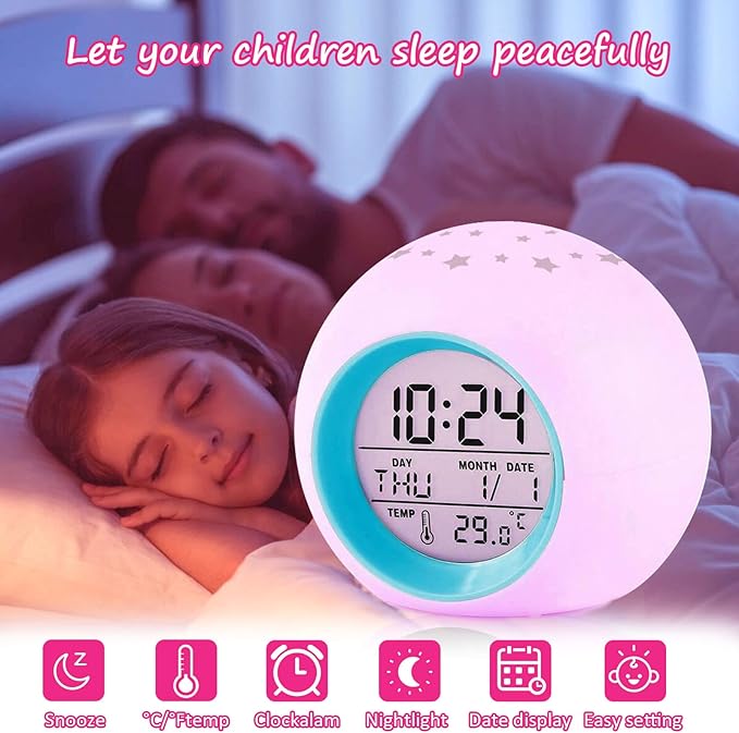 Kids Alarm Clock Boys,Moon Stars Projector Alarm Clock,7 Color Changing Nightlight Clock,Snooze Touch Control Temperature for Kids Bedrooms, Digital Clock for Girls Boys Children Birthday Gifts