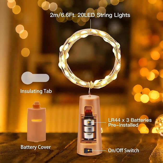 Brightown 10 Pack 7ft Battery Operated Wine Bottle Lights with Cork | 20 LED Bulbs, Warm White Glow, Waterproof, Flexible Silver Wire, Lovely for Liquor Bottles DIY Party Christmas Wedding Décor