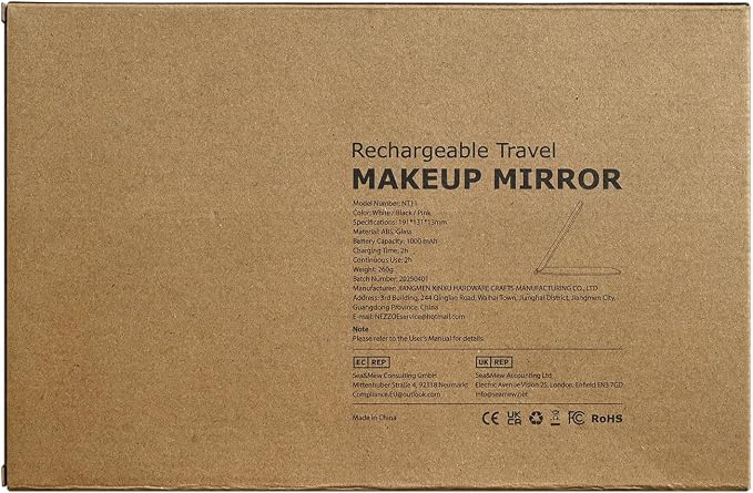 NEZZOE Rechargeable Travel Makeup Mirror with LED Light, 7x5 Inch, Black | Portable Lighted Makeup Mirror, 3 Lighting Modes, Dimmable Touch Control, Foldable Compact Vanity Mirror