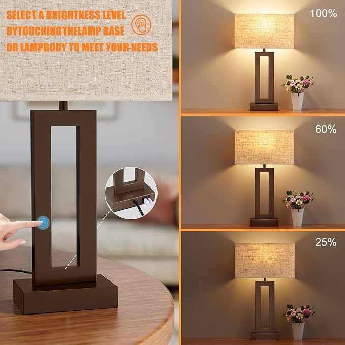 Seealle Bedroom Lamps for Night Stands - Touch Control, 3 Way Dimmable, USB C+A Charging, LED Bulbs, Easy Assembly(Yellow&Coffee)