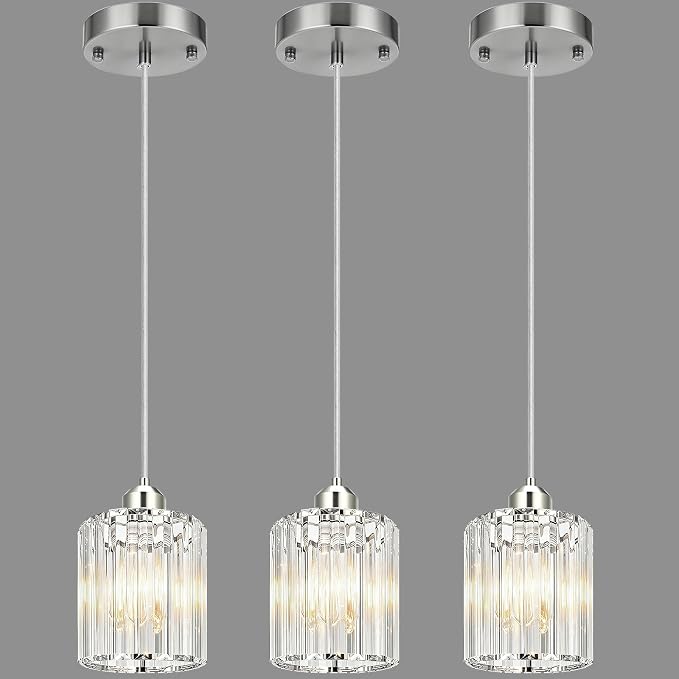 3 Pack Pendant Lights Kitchen Island Brushed Nickel Pendant Light | Crystal Pendant Light, Easy Install, Adjustable Height, E26 Base, for Kitchen Island, Dining Table, Entryway, Restaurant