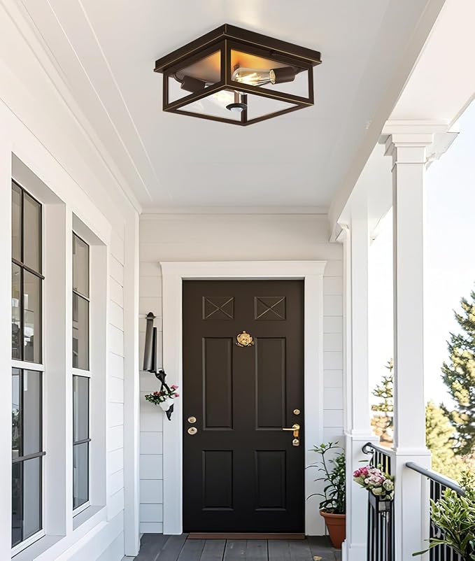 Motion Sensor Outdoor Ceiling Light with Remote, 12.2 Inch Oil Rubbed Bronze Flush Mount Porch Light Fixture with United Glass Cover, 5 Modes Outside Flush Mount Light for Porch, Garage, Patio