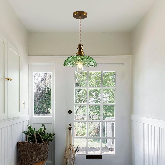 1-Light Pendant Light with Brass Gold Metal Green Glass Shade and Adjustable Cord Industrial Ceiling Hanging Light for Kitchen Island Bar Dining Room Bedroom Foyer Hallway Farmhouse
