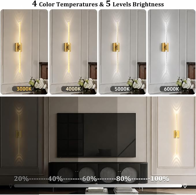Crystal Bubble Gold Wall Sconces Set of 2, 31.5" Lamp Decor | 10000mAh Rechargeable, Wireless Lights with Remote & 360° Rotate, 4 Color Temps Dimmable, for Bedroom Living Room Mirror