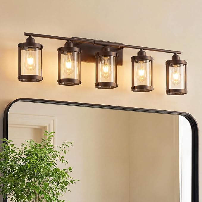 5-Light Oil Rubbed Bronze Bathroom Light Fixtures Over Mirror with Clear Glass and Metal Cage Shade, 38" UL-Listed Modern Farmhouse Wall Sconce for Bath, Hardwire E26, OS-3014ORB-5W
