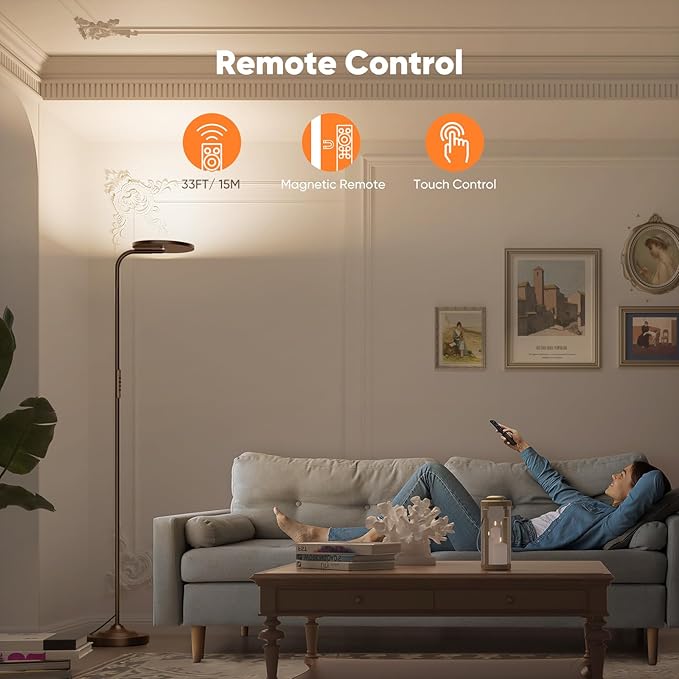 36W LED Floor Lamp, Super Bright Standing Lamp, Modern Stepless Dimmable Torchiere Tall Lamp with Remote Control, 350°Rotating Head Reading Floor Lamp for Living Room, Bedroom, Office
