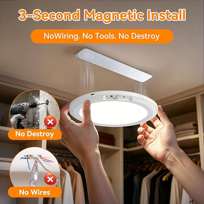 10000mAh Rechargeable Ceiling Light 2 Pack, Battery Operated Motion Sensor Closet Light with Remote, 3 Color Temperatures Dimmable Magnetic Mount for Closet Shower Hallway (2, White)
