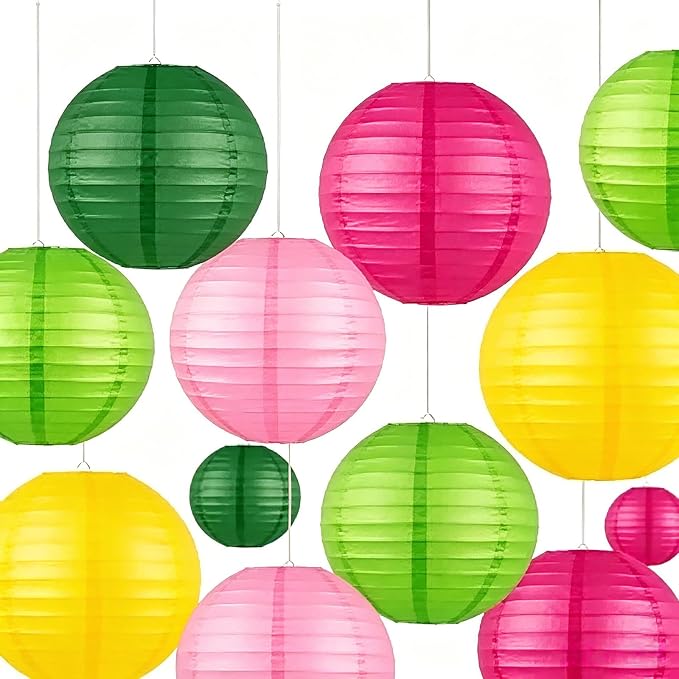 12 Pcs Paper Lanterns Party Decorations, 8 and 10 in Hanging Round Lantern Lamps for Luau, Flamingo, Summer Hawaiian Birthday, Party Decor (Dark Green, Hot Pink, Grass Green, Pink, Yellow)
