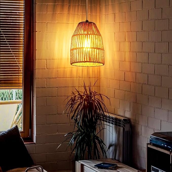 Plug in Pendant Light, Hanging Lights with 15ft Golden Cotton Cord & Stepless Dimming Switch, Handwoven Hemp Rope Lampshade, Boho Hanging Lamp for Bedroom,Hallway (Bulb & 2 Swag Hooks Included)